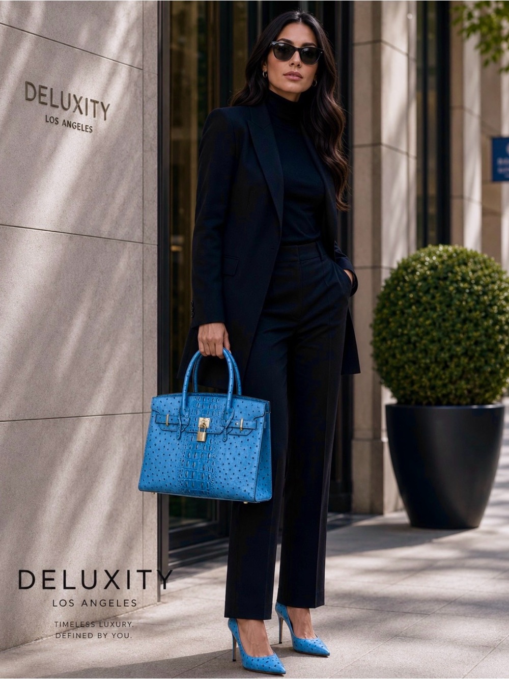 Deluxity Los Angeles 2-Piece Satchel & Wallet Set | Royal Blue Faux Croc/Ostrich